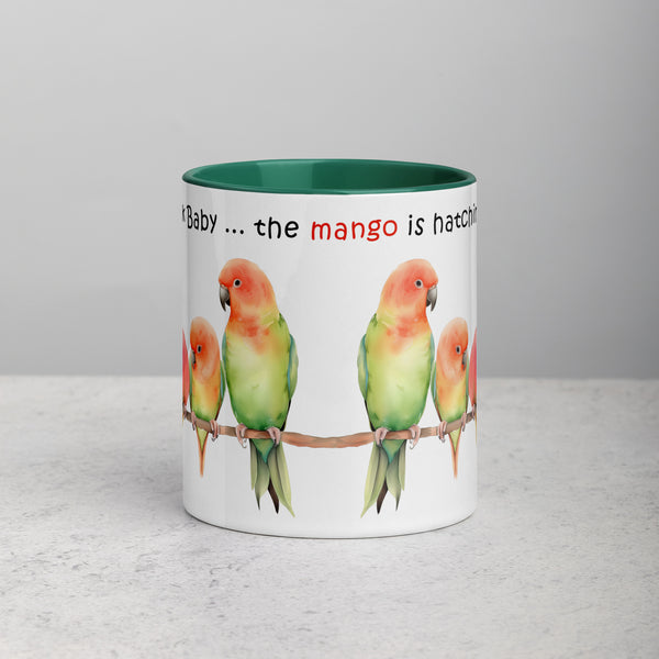 Lovebird Parents and Baby Watching Mango Hatching on a Branch -  Mug 11oz