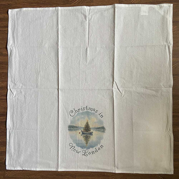 Christmas in New London, CT Flour Sack Kitchen Towel, Floating Xmas Tree in Boat