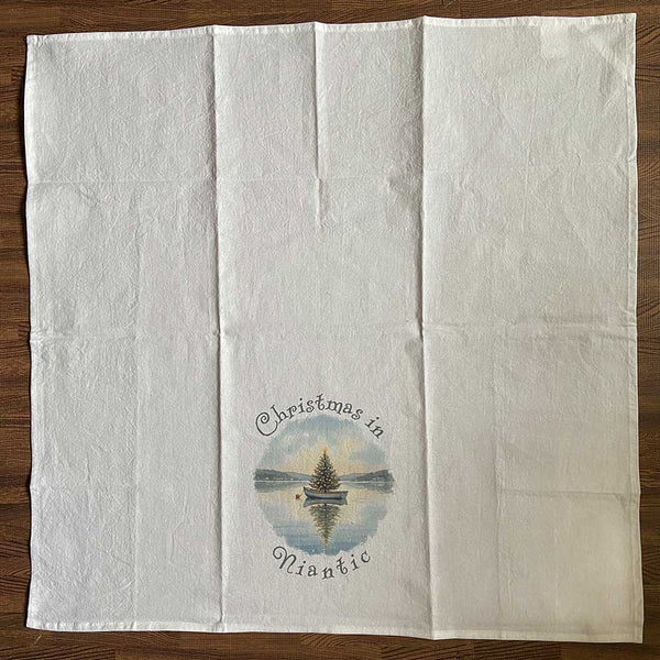 Christmas in Niantic Flour Sack Kitchen Towel, Floating Xmas Tree in Boat