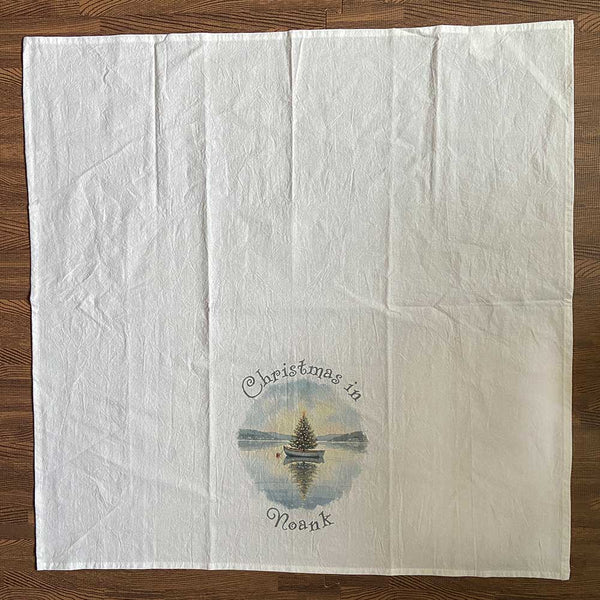 Christmas in Noank Flour Sack Kitchen Towel, Floating Xmas Tree in Boat