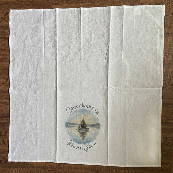 Christmas in Stonington Flour Sack Kitchen Towel, Floating Xmas Tree in Boat