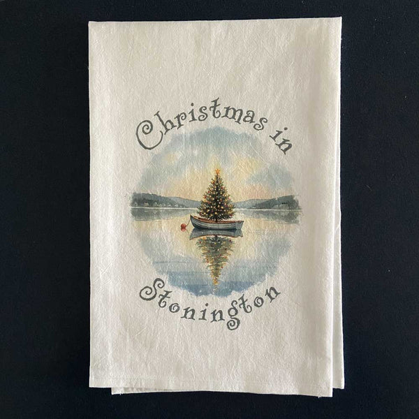 Christmas in Stonington Flour Sack Kitchen Towel, Floating Xmas Tree in Boat