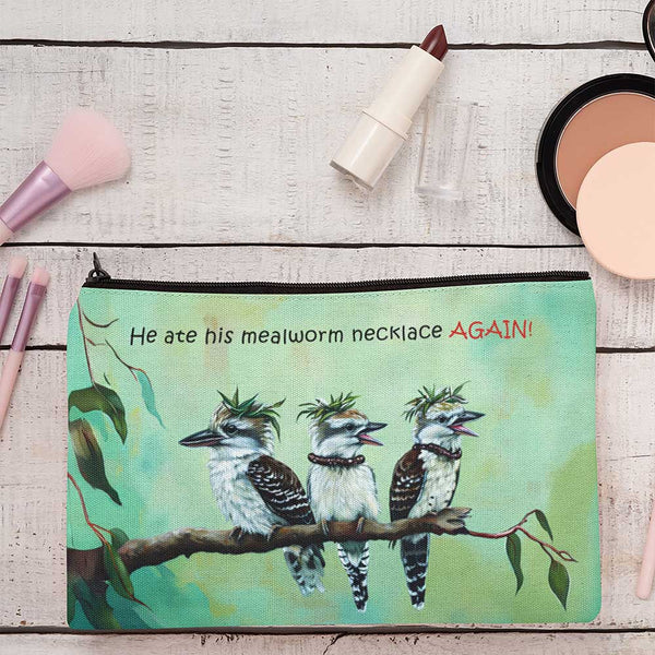 Funny Kookaburra Bird Accessory Pouch, Birds with Hats Zipper Cosmetic Bag, Gift for Australian Bird Lovers, Kookaburra Printed Makeup Bag