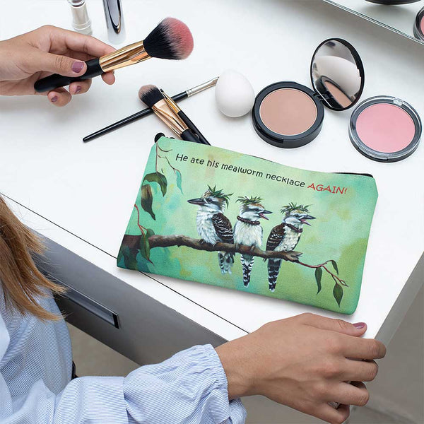 Funny Kookaburra Bird Accessory Pouch, Birds with Hats Zipper Cosmetic Bag, Gift for Australian Bird Lovers, Kookaburra Printed Makeup Bag