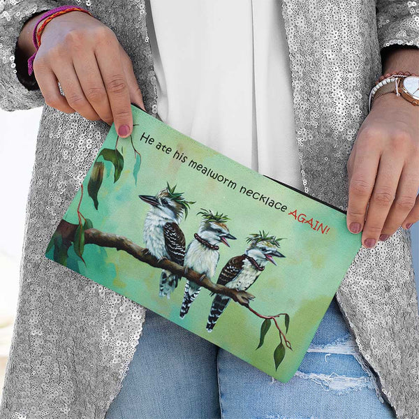 Funny Kookaburra Bird Accessory Pouch, Birds with Hats Zipper Cosmetic Bag, Gift for Australian Bird Lovers, Kookaburra Printed Makeup Bag