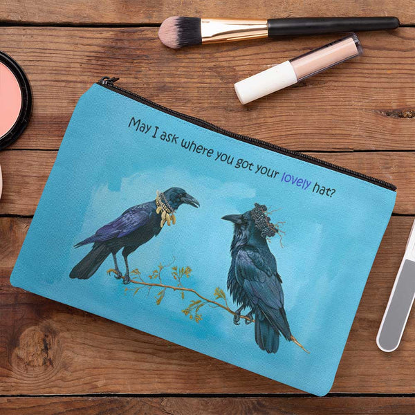 Raven Accessory Pouch, Birds with Hats, Funny Crow Makeup Bag for Bird Lovers, Cosmetic Case, Corvid Gift for Bird Lovers, Rehabilitators