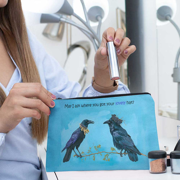Raven Accessory Pouch, Birds with Hats, Funny Crow Makeup Bag for Bird Lovers, Cosmetic Case, Corvid Gift for Bird Lovers, Rehabilitators