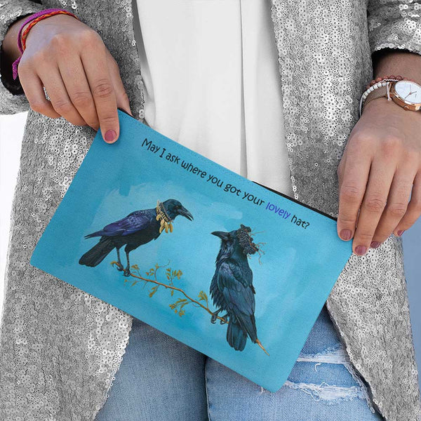 Raven Accessory Pouch, Birds with Hats, Funny Crow Makeup Bag for Bird Lovers, Cosmetic Case, Corvid Gift for Bird Lovers, Rehabilitators