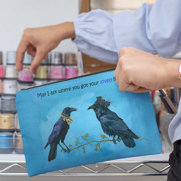 Raven Accessory Pouch, Birds with Hats, Funny Crow Makeup Bag for Bird Lovers, Cosmetic Case, Corvid Gift for Bird Lovers, Rehabilitators