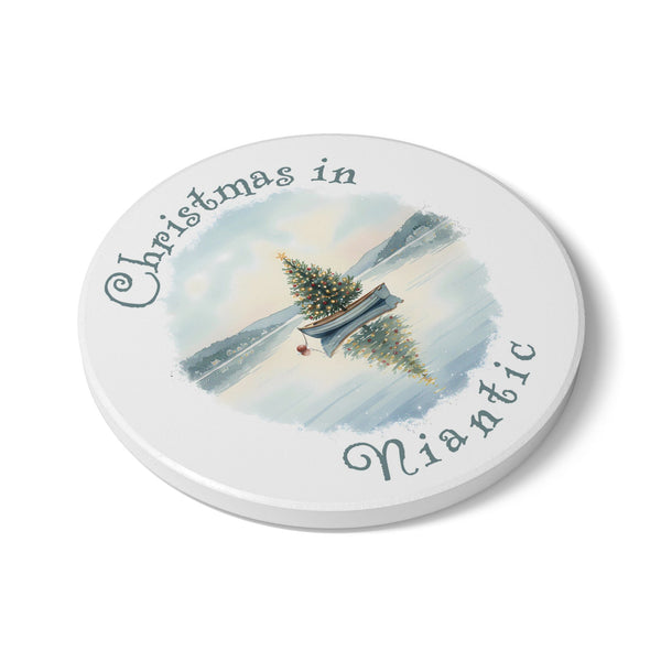 Christmas in Niantic, CT Ceramic Coaster - Dinghy Boat with Xmas Tree in Harbor Local's Gift