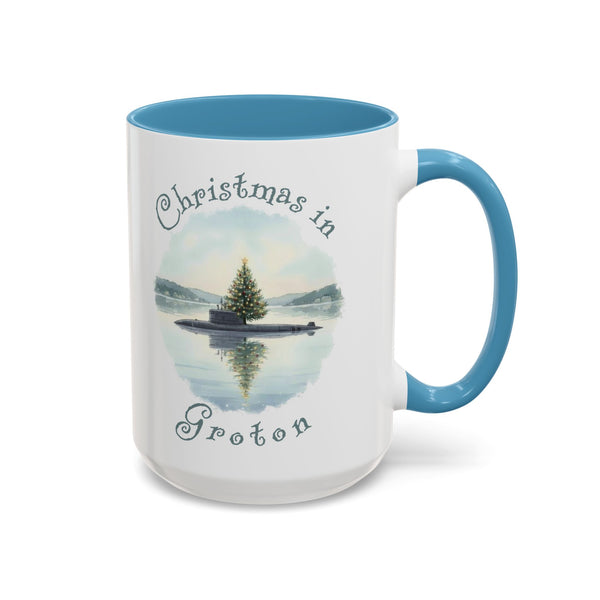 Christmas in Groton, CT Accent Coffee Mug  - Submarine with Xmas Tree in Harbor, Local's Gift