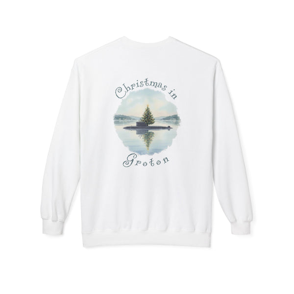 Christmas in Groton, CT Fleece Crewneck Sweatshirt  - Submarine with Xmas Tree in Harbor, Local's Gift