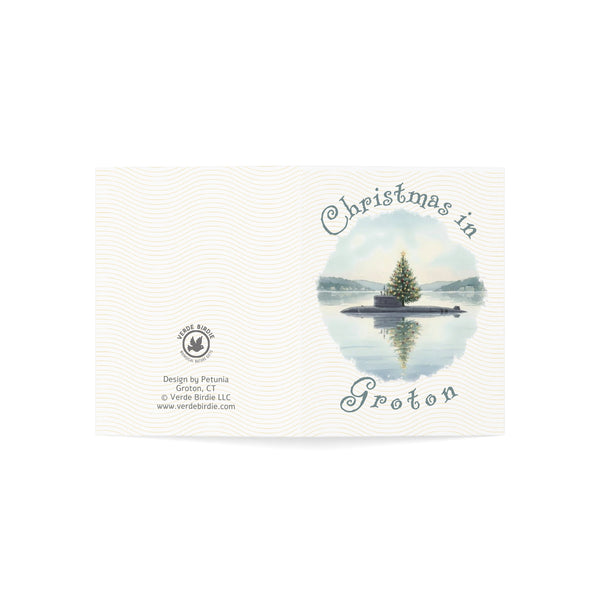 Christmas in Groton Greeting Card – Submarine with Xmas Tree Holiday Card (1/10/30/50 pcs) 4.25" x 5.5"