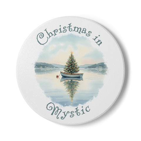 Christmas in Mystic, CT Ceramic Coaster - Dinghy Boat with Xmas Tree in Harbor Local's Gift