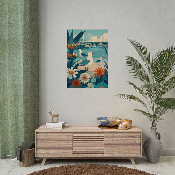 Three Coastal Seagulls and Marina Art Poster, Nautical Decor, Beach House Wall Art, Gift for Bird Lovers, Vintage Inspired Illustration