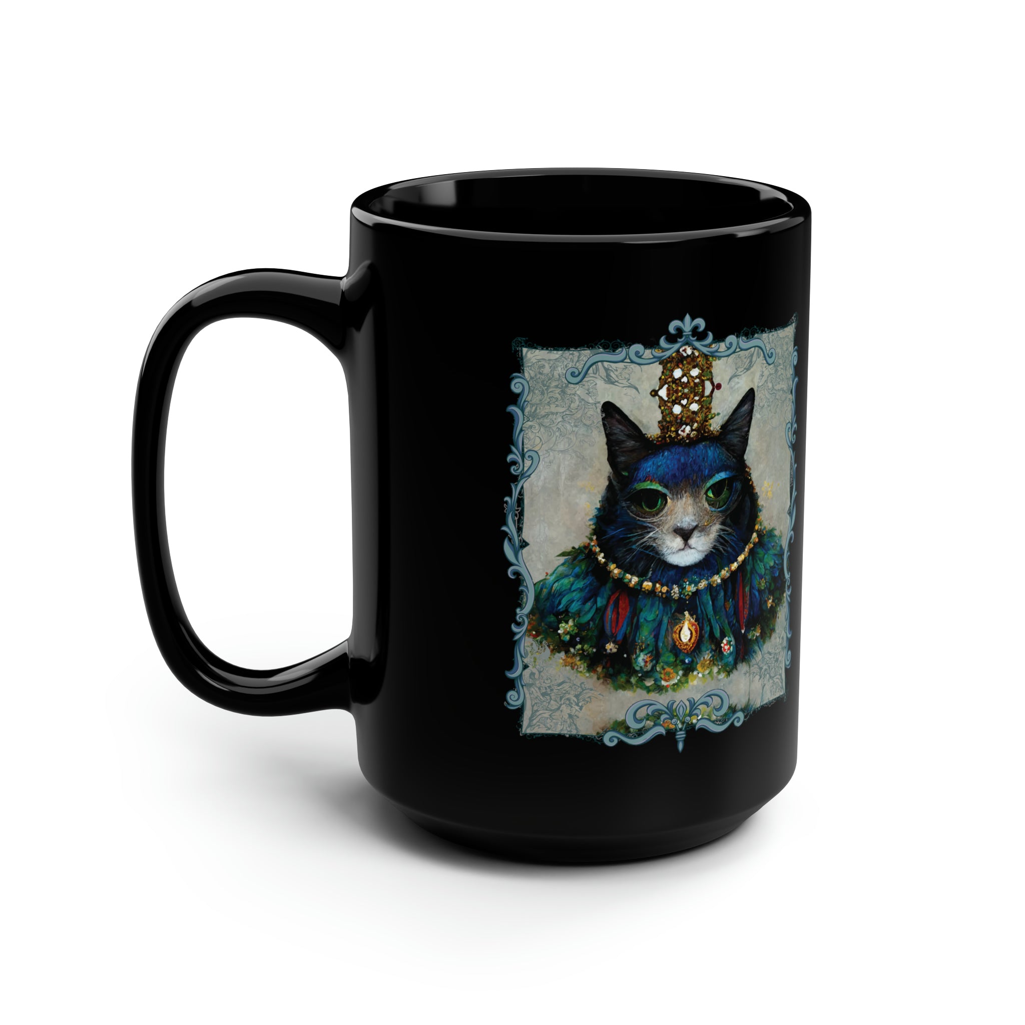 King of Castle Cat Royalty With Crown Jewels and Peacock Feathers Costume, Cat Portrait Black Mug, 15 oz