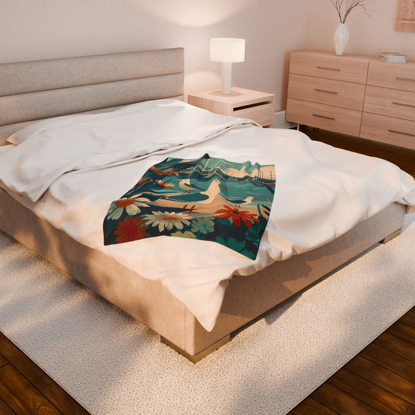 Throw Blanket, Seagull and Boats Vintage Folk Art Illustration, Coastal Living Decor, Lightweight Plush