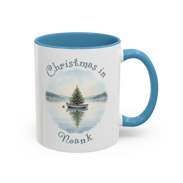 Christmas in Noank, CT Accent Coffee Mug  - Dinghy Boat with Xmas Tree in Harbor, Local's Gift