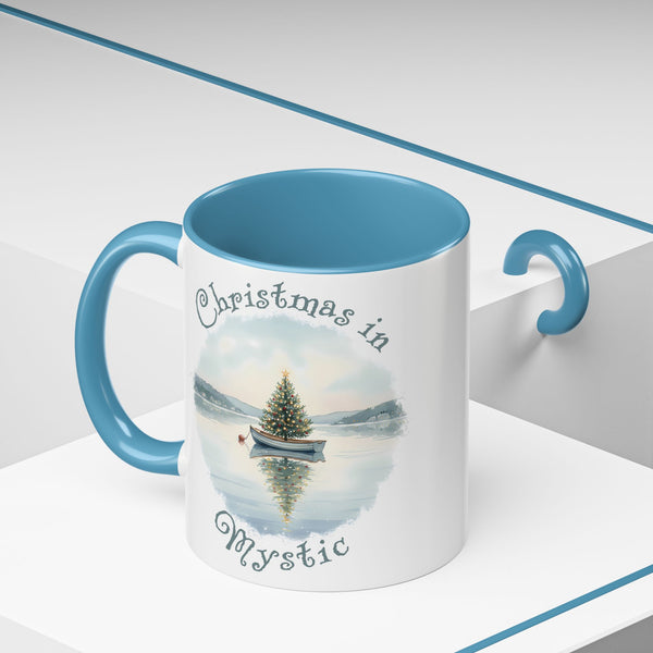 Christmas in Mystic, CT Accent Coffee Mug  - Dinghy Boat with Xmas Tree in Harbor, Local's Gift