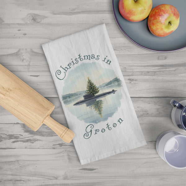Christmas in Groton, CT Flour Sack Tea Towel  - Submarine with Xmas Tree in Harbor, Local's Gift