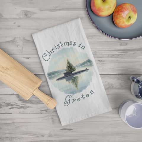 Christmas in Groton, CT Flour Sack Tea Towel  - Submarine with Xmas Tree in Harbor, Local's Gift