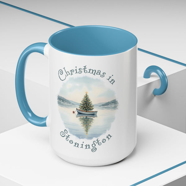 Christmas in Stonington, CT Accent Coffee Mug  - Dinghy Boat with Xmas Tree in Harbor, Local's Gift