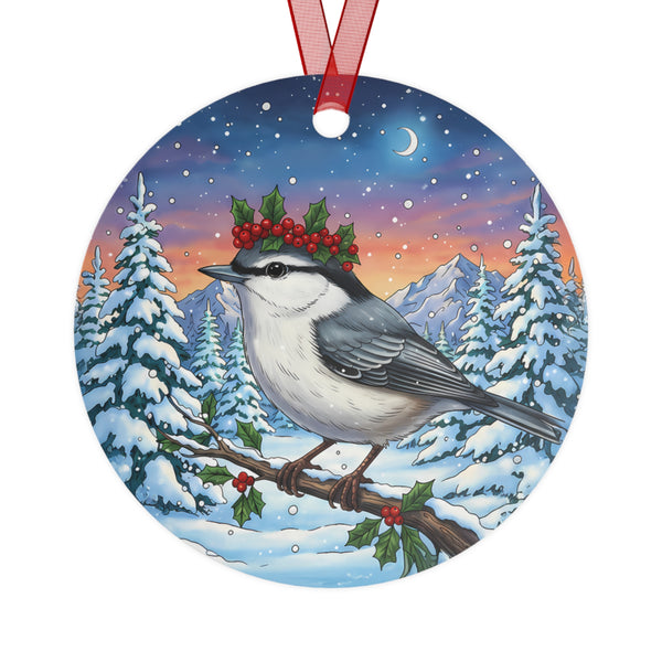 Nuthatch with Holly Berry Crown in a Winter Wonderland Scene Hanging Metal Christmas Tree Ornament