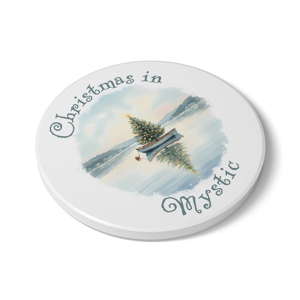 Christmas in Mystic, CT Ceramic Coaster - Dinghy Boat with Xmas Tree in Harbor Local's Gift