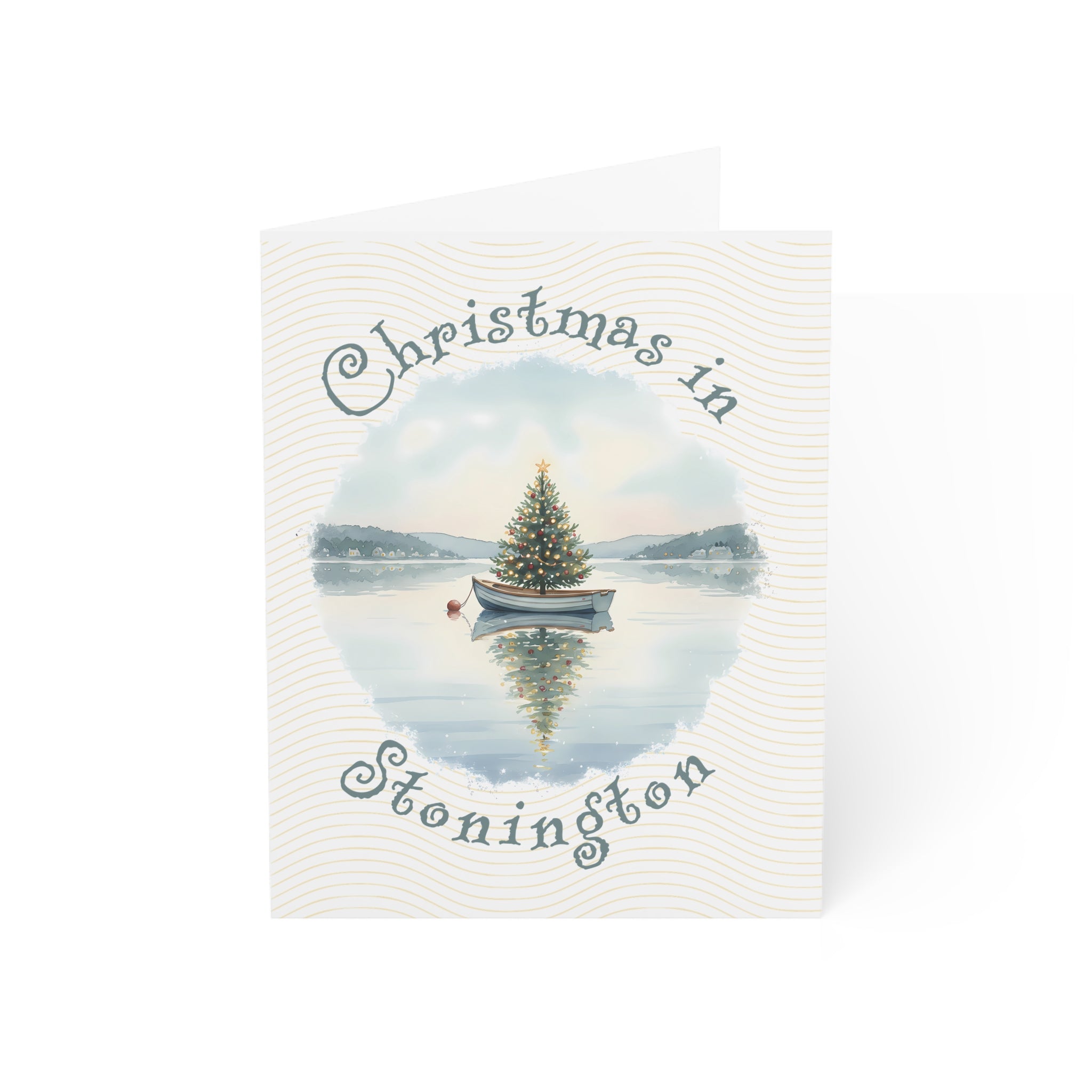 Christmas in Stonington Greeting Card – Dingy Boat with Xmas Tree Holiday Card (1/10/30/50 pcs) 4.25" x 5.5"