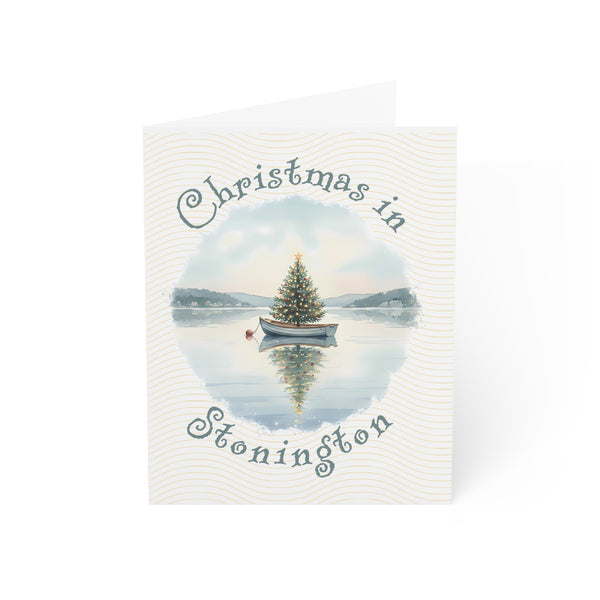 Christmas in Stonington Greeting Card – Dingy Boat with Xmas Tree Holiday Card (1/10/30/50 pcs) 4.25" x 5.5"