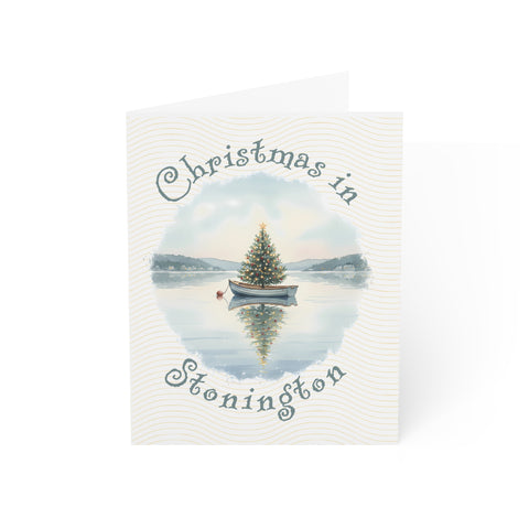 Christmas in Stonington Greeting Card – Dingy Boat with Xmas Tree Holiday Card (1/10/30/50 pcs) 4.25" x 5.5"