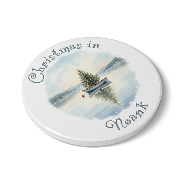 Christmas in Noank, CT Ceramic Coaster - Dinghy Boat with Xmas Tree in Harbor, Local's Gift