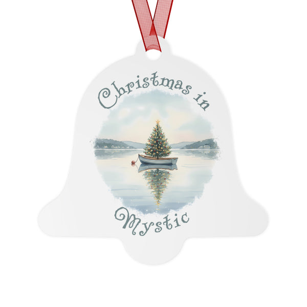 Christmas in Mystic, CT Metal Ornament  - Dinghy Boat with Xmas Tree in Harbor, Local's Keepsake Gift