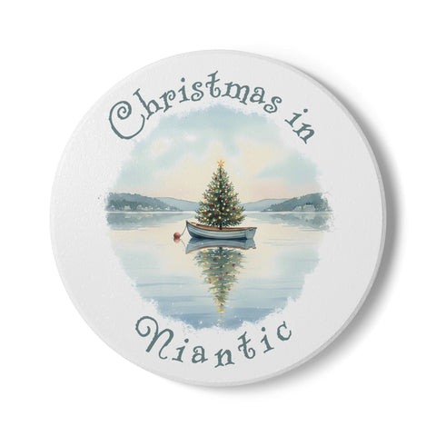 Christmas in Niantic, CT Ceramic Coaster - Dinghy Boat with Xmas Tree in Harbor Local's Gift