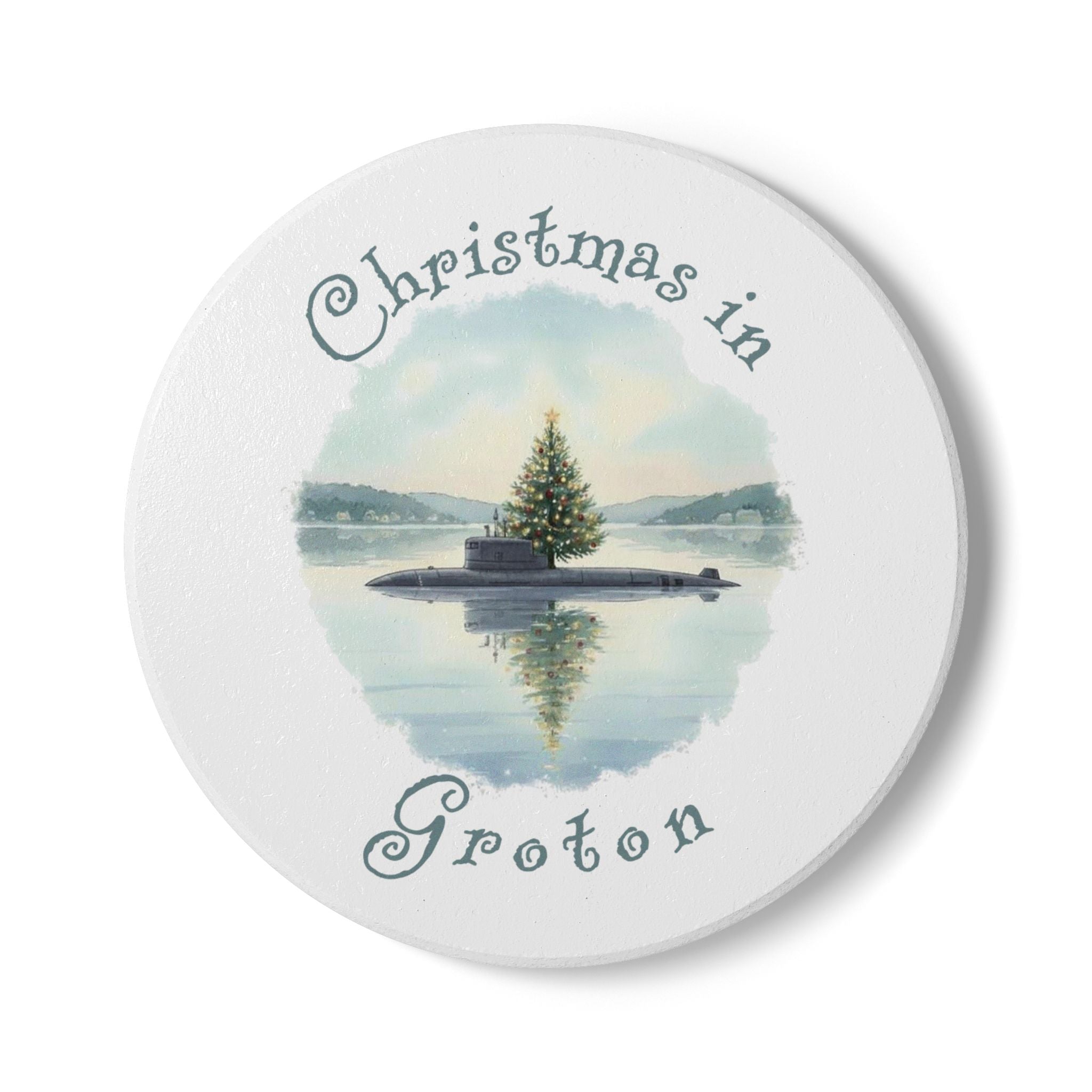 Christmas in Groton, CT Ceramic Coaster - Submarine with Xmas Tree in Harbor, Local's Gift