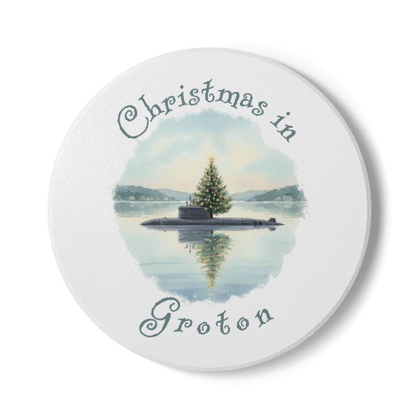 Christmas in Groton, CT Ceramic Coaster - Submarine with Xmas Tree in Harbor, Local's Gift