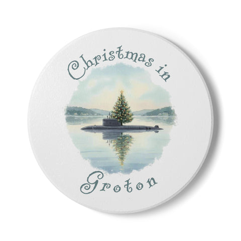 Christmas in Groton, CT Ceramic Coaster - Submarine with Xmas Tree in Harbor, Local's Gift