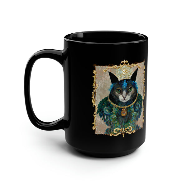 King Cat Royalty Cat Lover Gift, Cute Cup With Peacock Feather Collar Pet Portrait Black Mug, 15oz