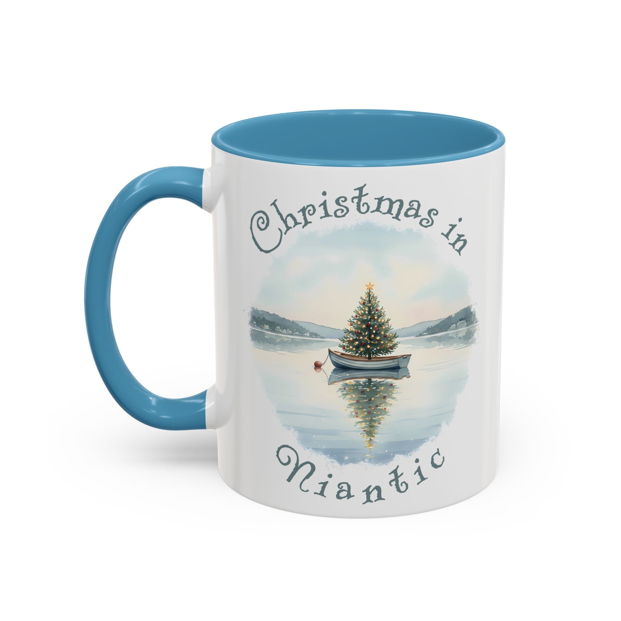 Christmas in Niantic, CT Accent Coffee Mug  - Dinghy Boat with Xmas Tree in Harbor, Local's Gift
