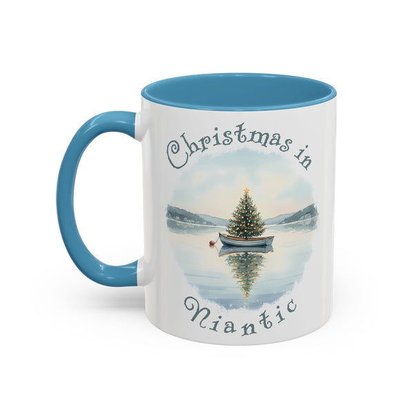 Christmas in Niantic, CT Accent Coffee Mug  - Dinghy Boat with Xmas Tree in Harbor, Local's Gift