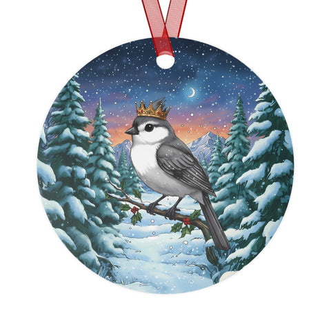 Titmouse with Jeweled Gold Crown in a Winter Wonderland Scene Hanging Metal Christmas Tree Ornament