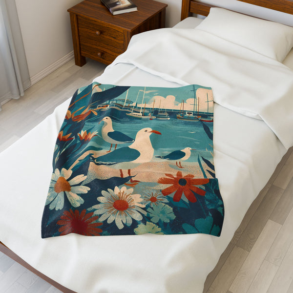 Throw Blanket, Seagull and Boats Vintage Folk Art Illustration, Coastal Living Decor, Lightweight Plush