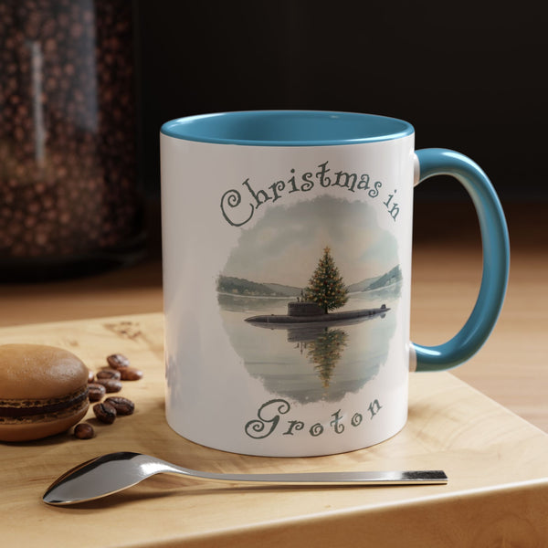 Christmas in Groton, CT Accent Coffee Mug  - Submarine with Xmas Tree in Harbor, Local's Gift