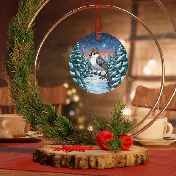 Titmouse with Jeweled Gold Crown in a Winter Wonderland Scene Hanging Metal Christmas Tree Ornament