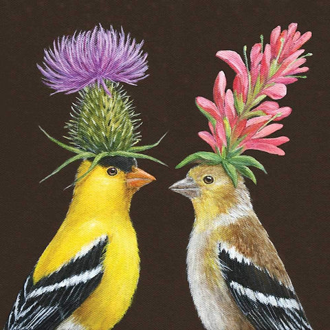 Goldfinch Couple - Birds Wearing Foliage Hats Beverage Napkins with Artwork by Vicki Sawyer