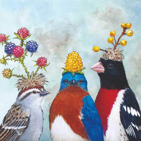 Berry Festival - Birds Wearing Berry Headpiece Beverage Napkins with Artwork by Vicki Sawyer