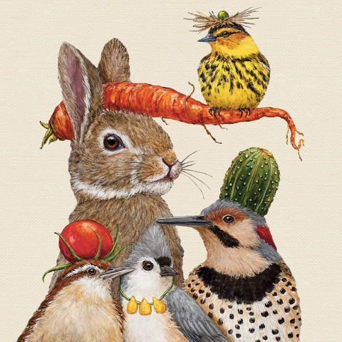 Harvest Party - Rabbit and Birds Wearing Vegetable Hats Beverage Napkins with Artwork by Vicki Sawyer