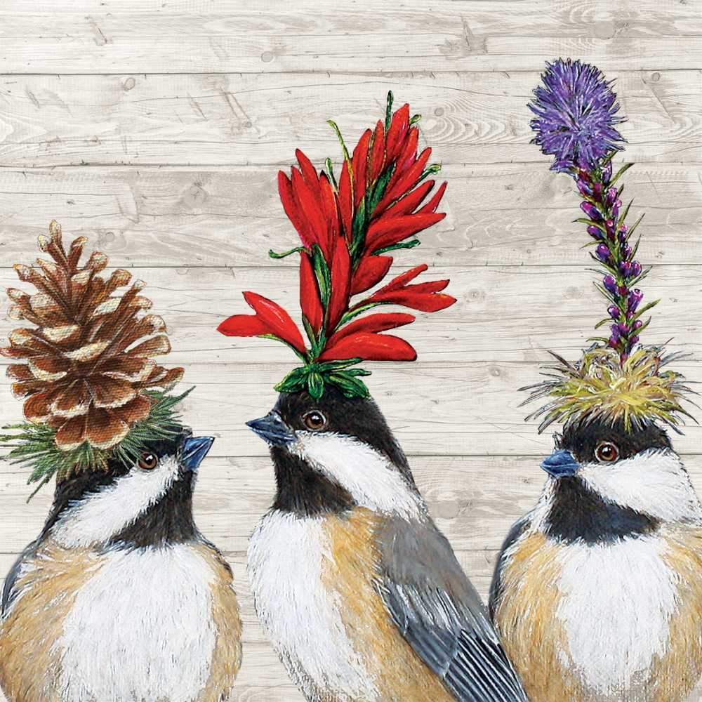 Chickadee Sisters - Chickadees Wearing Foliage Hats Beverage Napkins with Artwork by Vicki Sawyer