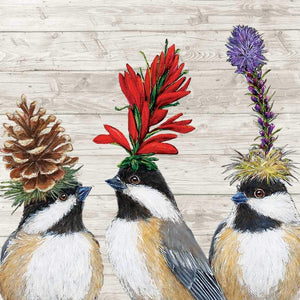 Chickadee Sisters - Chickadees Wearing Foliage Hats Beverage Napkins with Artwork by Vicki Sawyer