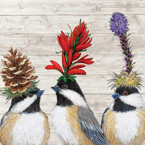 Chickadee Sisters - Chickadees Wearing Foliage Hats Beverage Napkins with Artwork by Vicki Sawyer